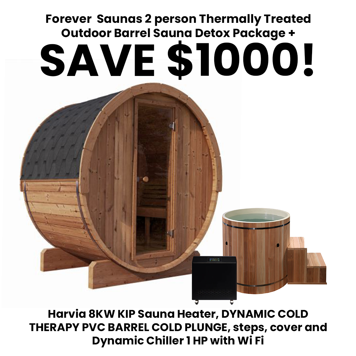 Forever  Saunas 2 person Thermally Treated Outdoor Barrel Sauna Detox Package