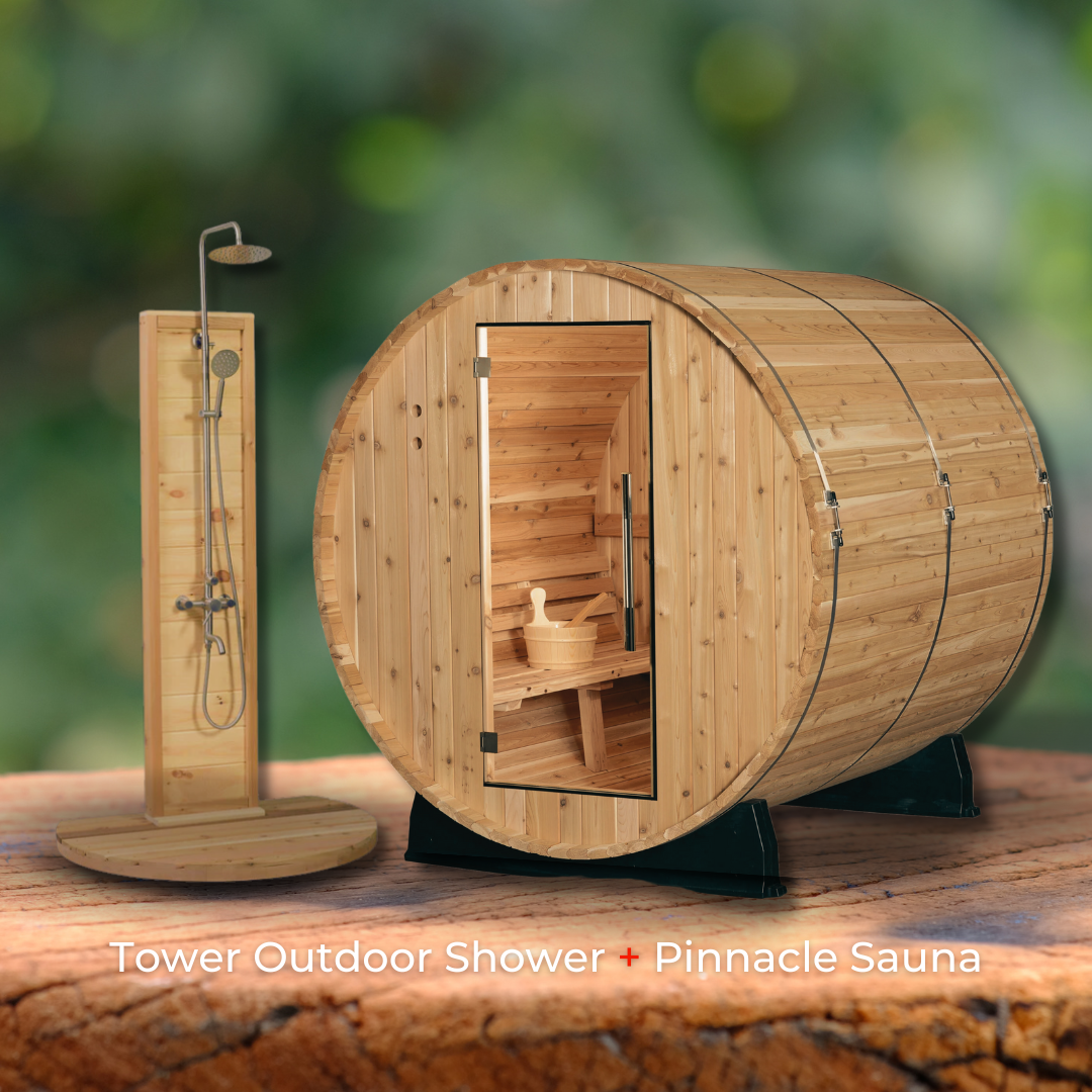 Almost Heaven Pinnacle 4 Person Barrel Sauna &  Almost Heaven Tower Outdoor Shower